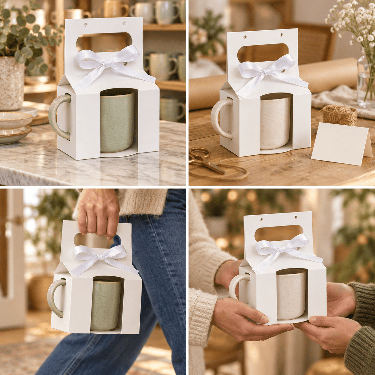 Cutii pentru cană cu deschizătură pentru toartă, mâner și fundă - alb (set 10 buc) - CraftUp