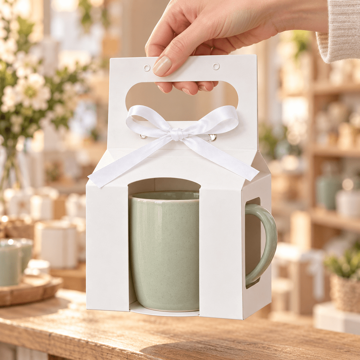 Cutii pentru cană cu deschizătură pentru toartă, mâner și fundă - alb (set 10 buc) - CraftUp
