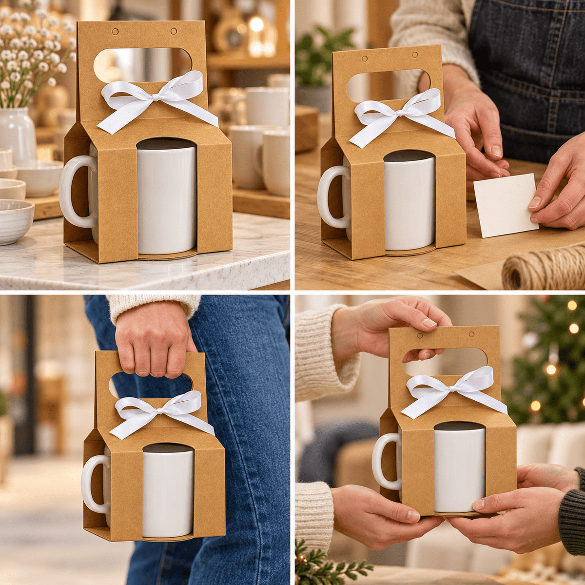 Cutii pentru cană cu deschizătură pentru toartă, mâner și fundă - kraft (set 10 buc) - CraftUp