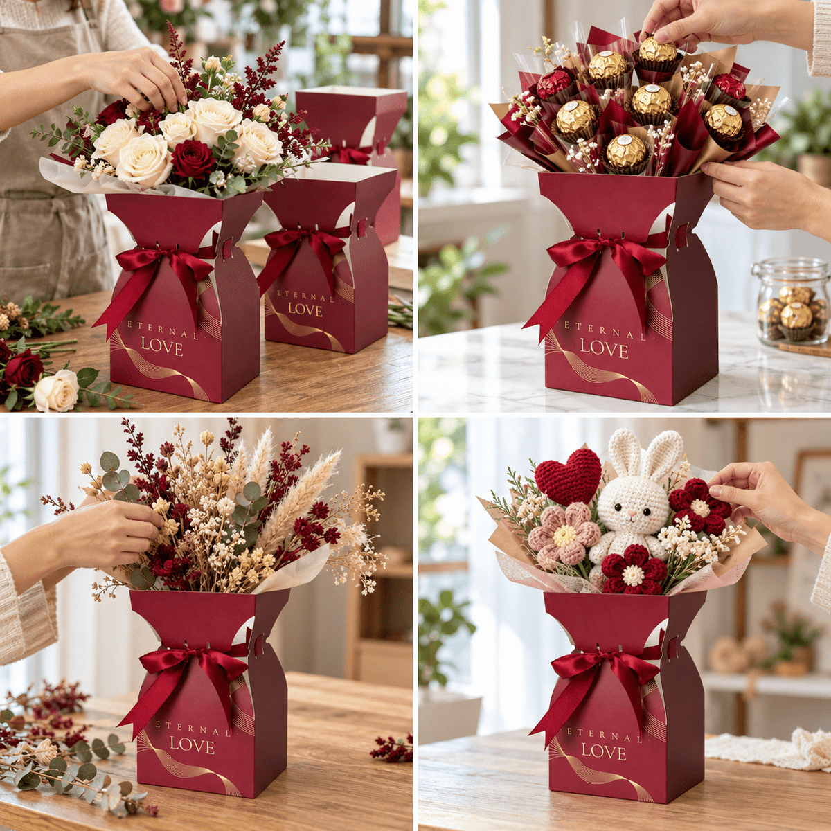 Cutii tip vază pentru buchete de flori, cu fundă - roșu (set 10 buc) - CraftUp