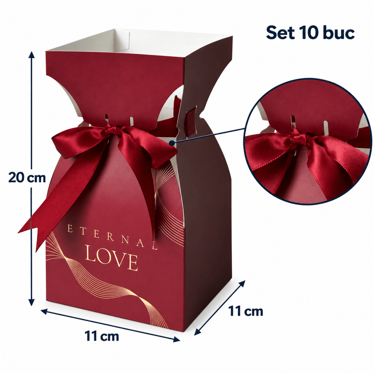 Cutii tip vază pentru buchete de flori, cu fundă - roșu (set 10 buc) - CraftUp