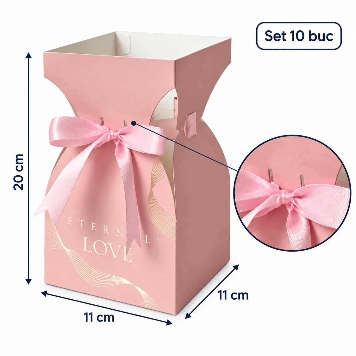 Cutii tip vază pentru buchete de flori, cu fundă - roz (set 10 buc) - CraftUp