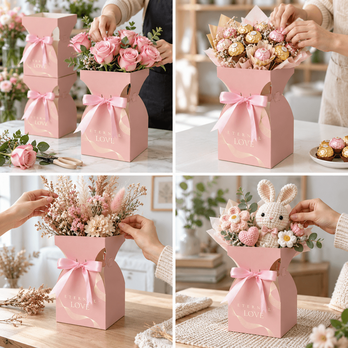 Cutii tip vază pentru buchete de flori, cu fundă - roz (set 10 buc) - CraftUp
