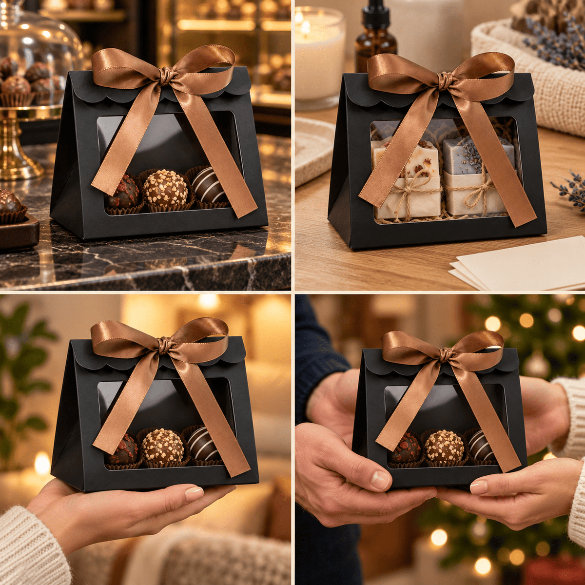 Cutii trapez cu fereastră mare și fundă din satin - negru (set 25 buc) - CraftUp