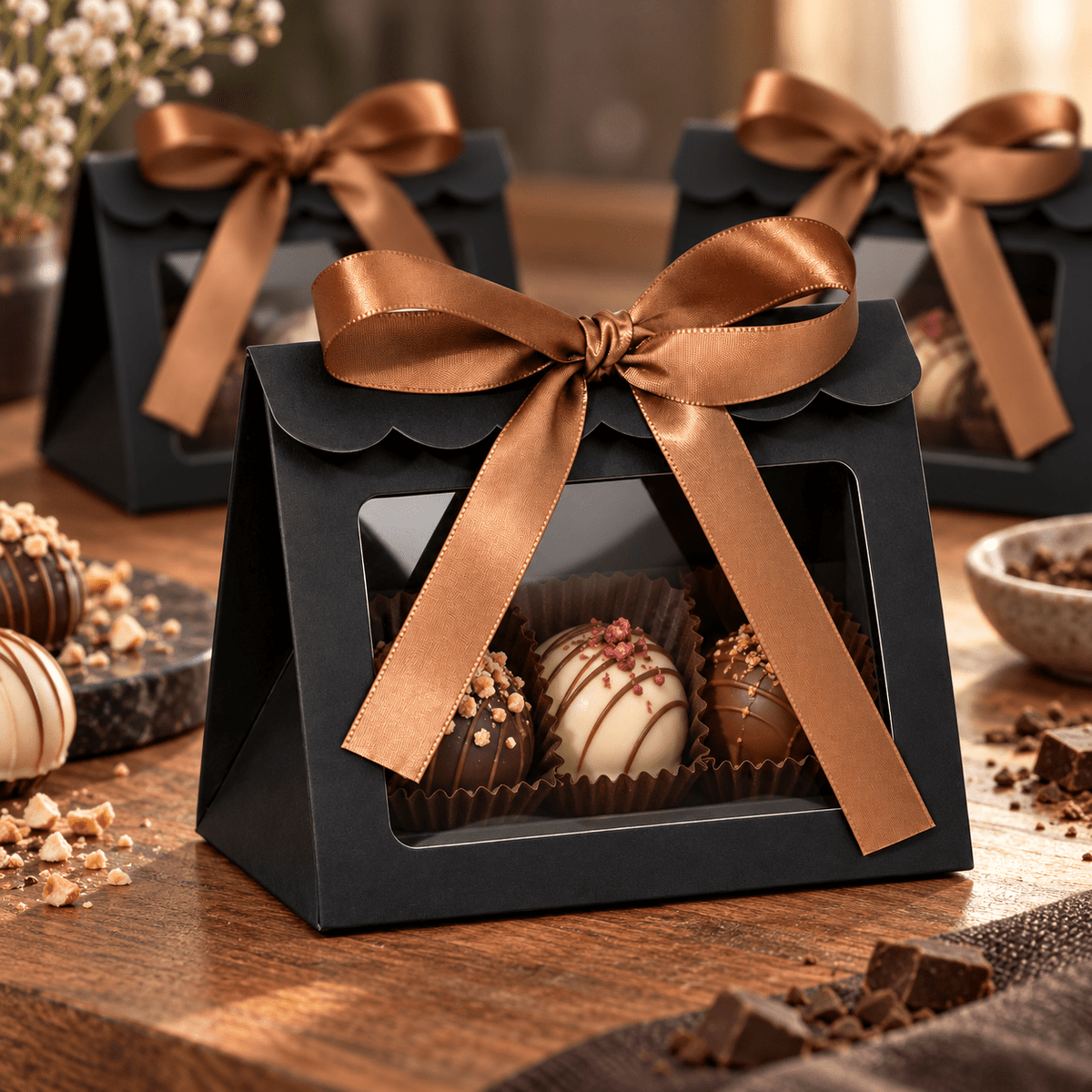 Cutii trapez cu fereastră mare și fundă din satin - negru (set 25 buc) - CraftUp