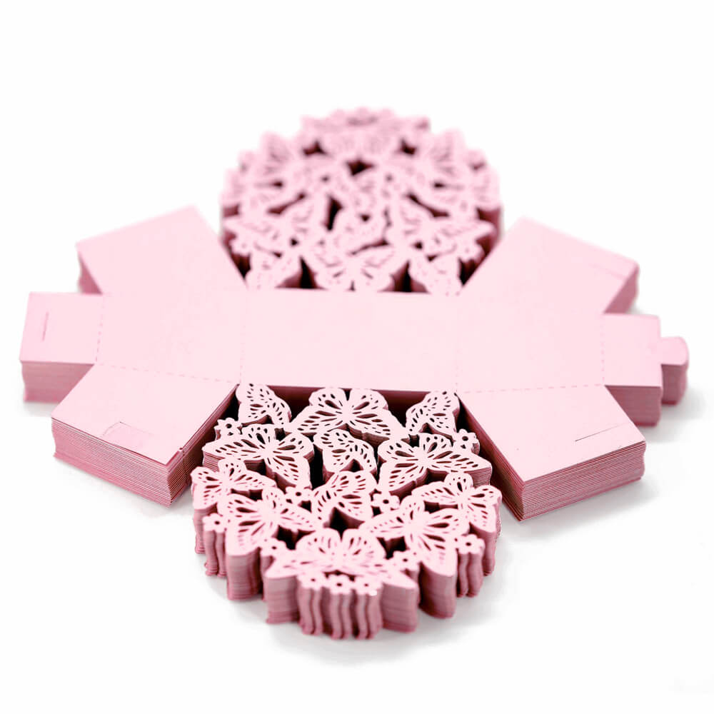 Cutiuță cu fundă model fluturași 6,3x4cm - roz (set 50 buc) - CraftUp