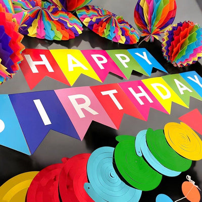 Decorațiune hârtie petrecere mix banner și pom pom curcubeu - CraftUp