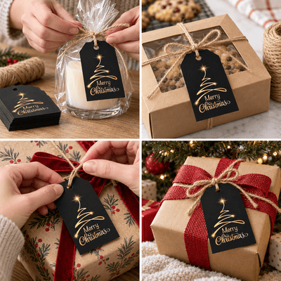 Etichete Crăciun cu brad auriu și sfoară de iută - negru (set 48 buc) - CraftUp