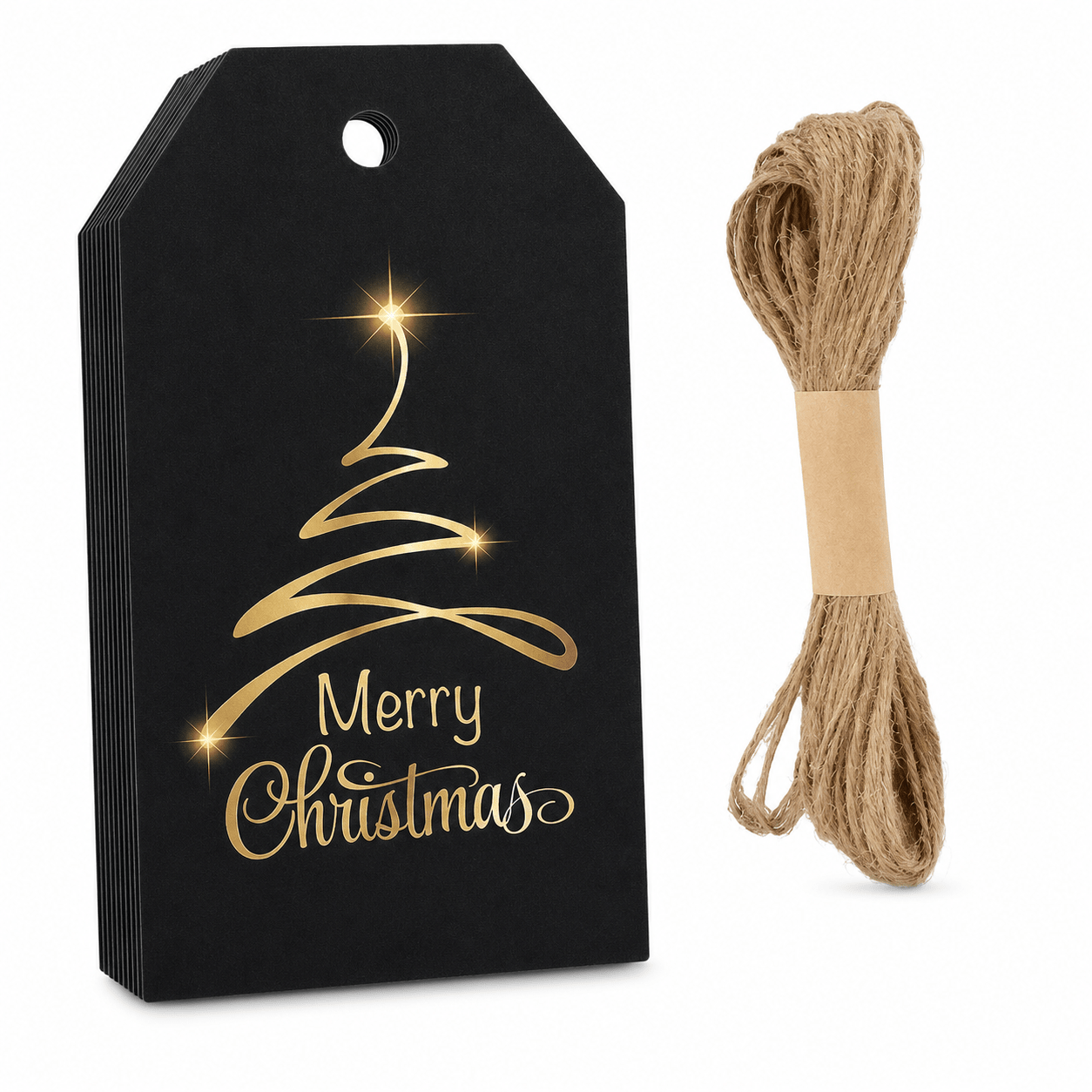 Etichete Crăciun cu brad auriu și sfoară de iută - negru (set 48 buc) - CraftUp