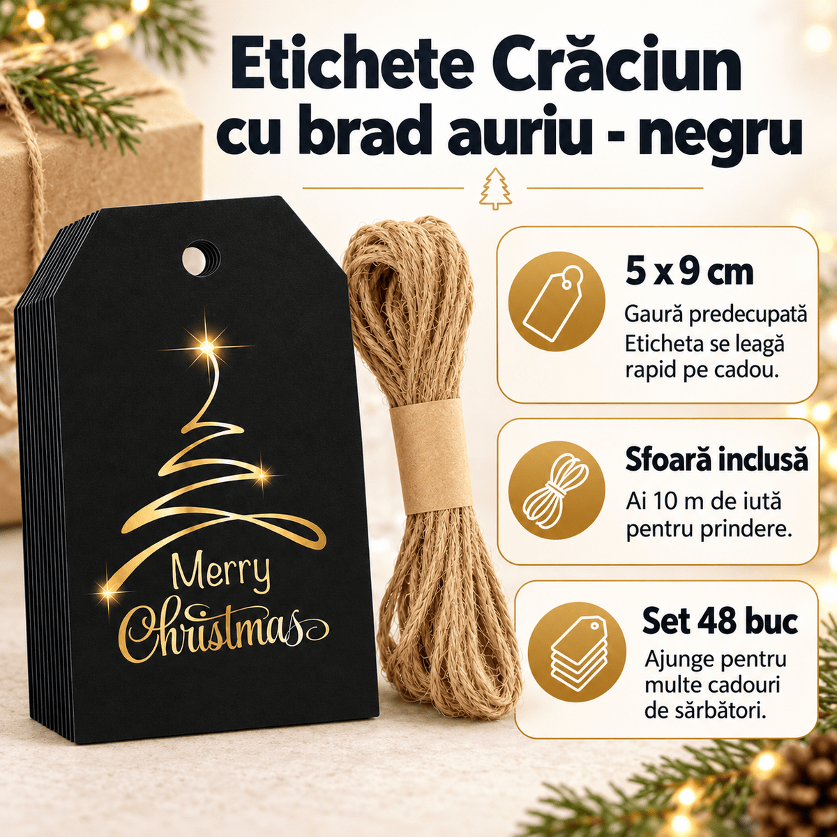Etichete Crăciun cu brad auriu și sfoară de iută - negru (set 48 buc) - CraftUp