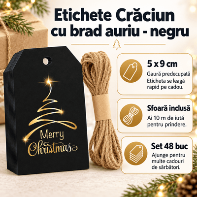 Etichete Crăciun cu brad auriu și sfoară de iută - negru (set 48 buc) - CraftUp