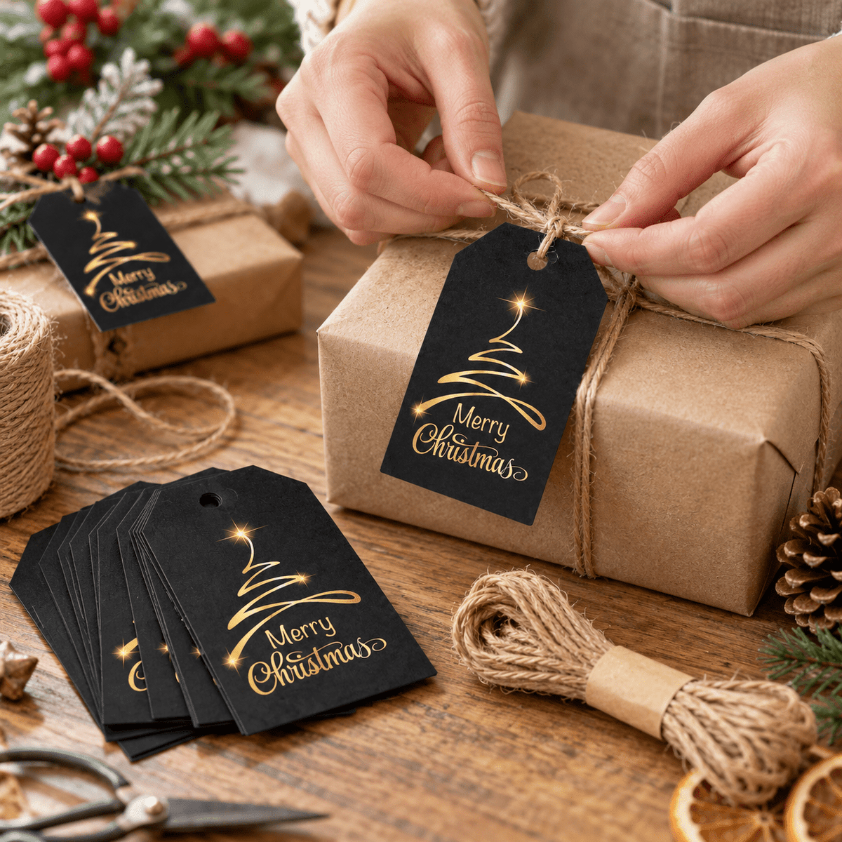 Etichete Crăciun cu brad auriu și sfoară de iută - negru (set 48 buc) - CraftUp