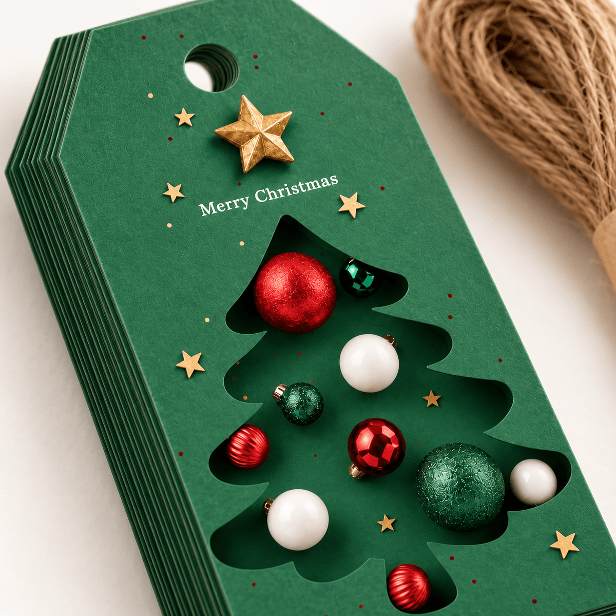 Etichete Crăciun cu brad și globuri - verde (set 48 buc) - CraftUp