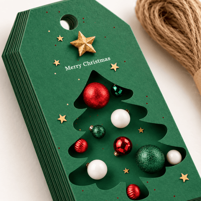 Etichete Crăciun cu brad și globuri - verde (set 48 buc) - CraftUp