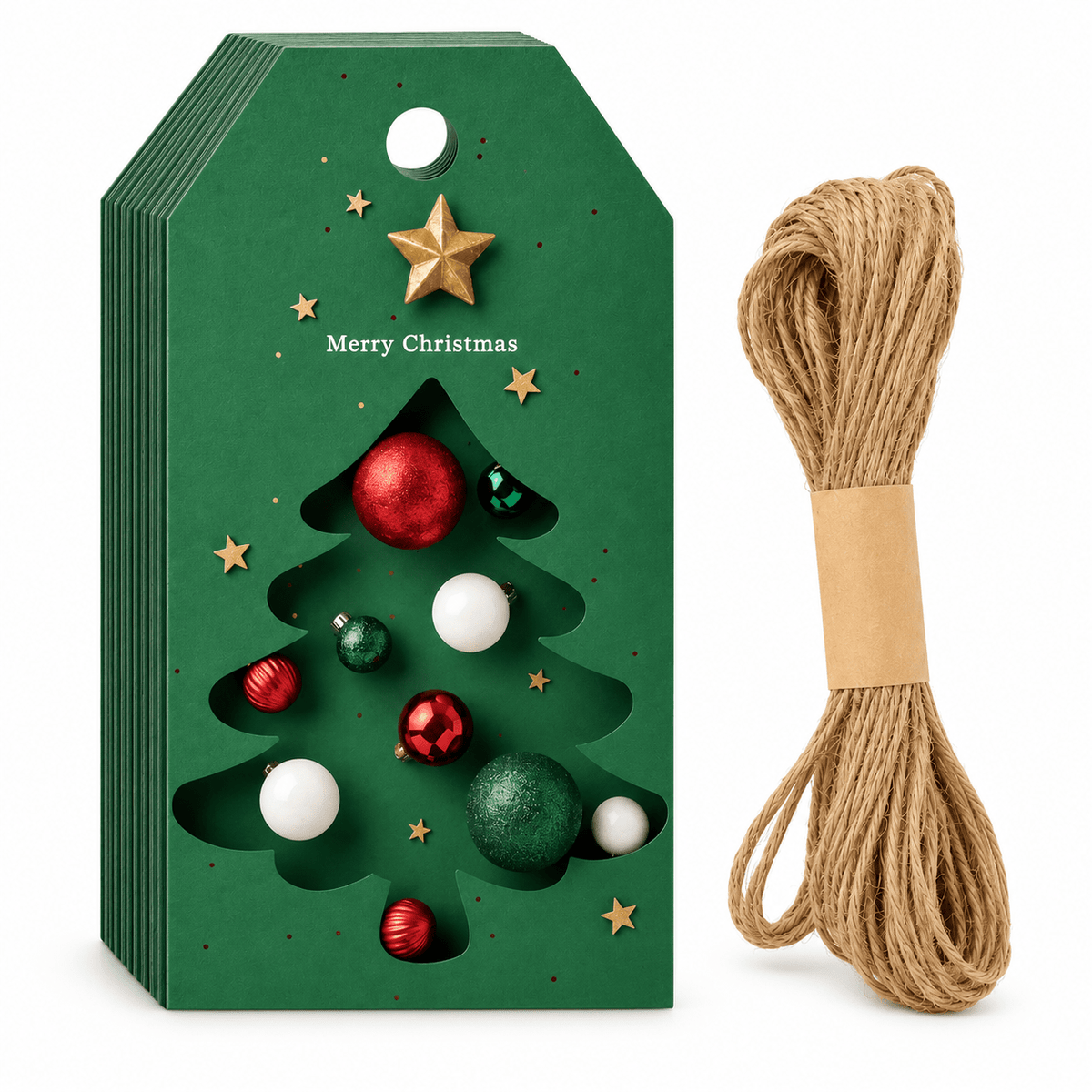Etichete Crăciun cu brad și globuri - verde (set 48 buc) - CraftUp