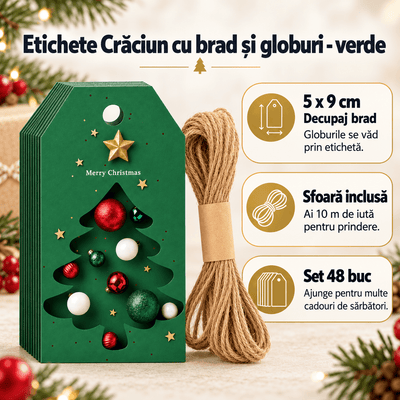 Etichete Crăciun cu brad și globuri - verde (set 48 buc) - CraftUp
