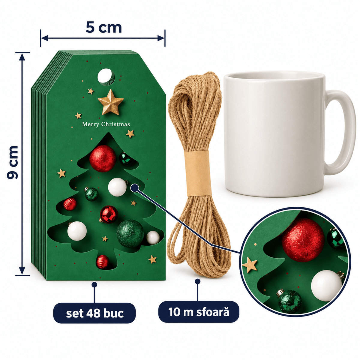 Etichete Crăciun cu brad și globuri - verde (set 48 buc) - CraftUp