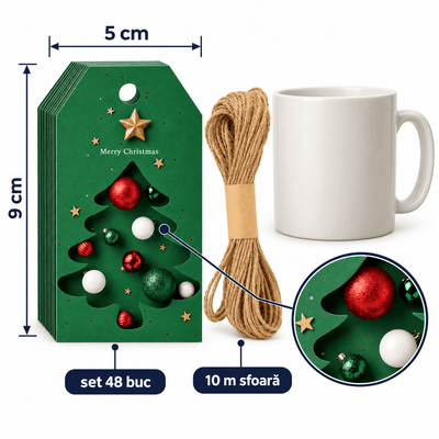 Etichete Crăciun cu brad și globuri - verde (set 48 buc) - CraftUp