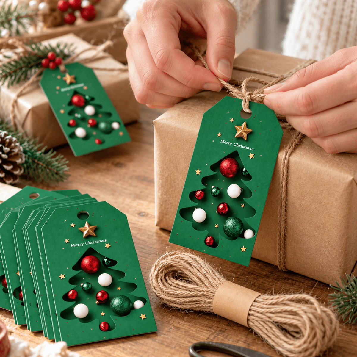 Etichete Crăciun cu brad și globuri - verde (set 48 buc) - CraftUp
