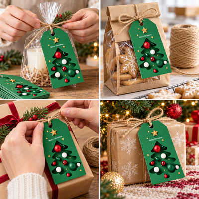Etichete Crăciun cu brad și globuri - verde (set 48 buc) - CraftUp