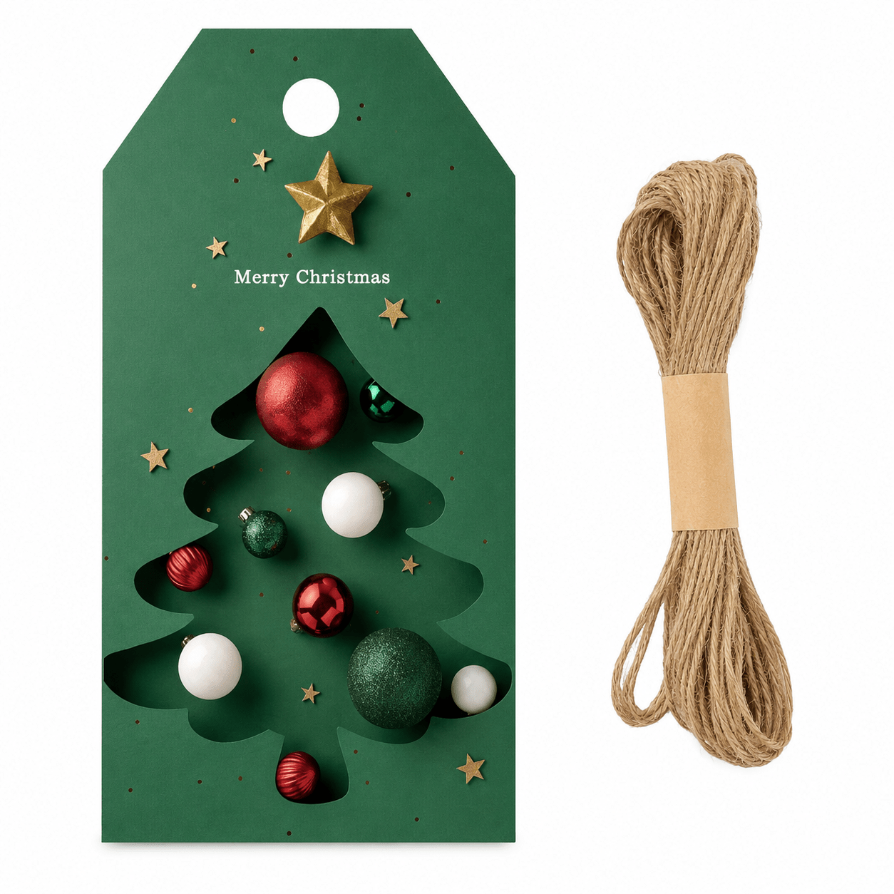 Etichete Crăciun cu brad și globuri - verde (set 48 buc) - CraftUp