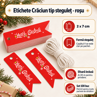 Etichete Crăciun tip steguleț - roșu (set 100 buc) - CraftUp