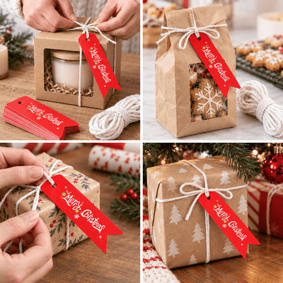 Etichete Crăciun tip steguleț - roșu (set 100 buc) - CraftUp