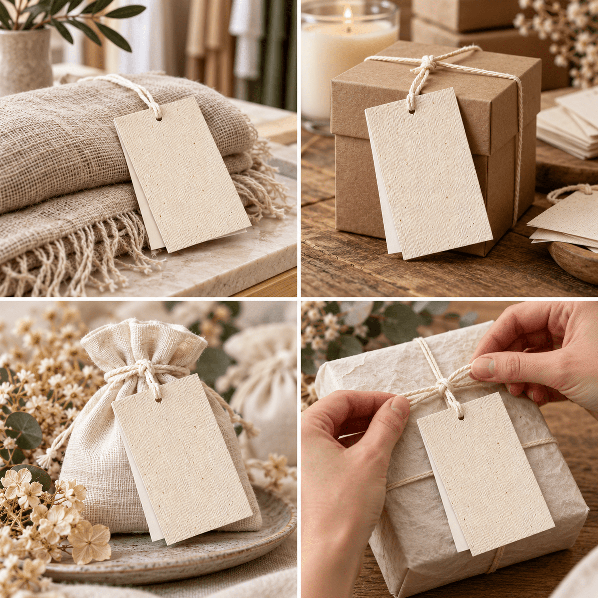 Etichete din carton cu față din pânză și șnur de bumbac - crem (set 100 buc) - CraftUp
