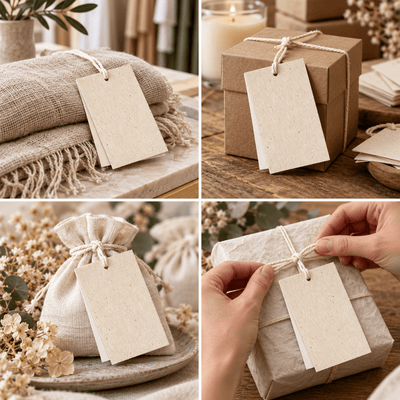 Etichete din carton cu față din pânză și șnur de bumbac - crem (set 100 buc) - CraftUp