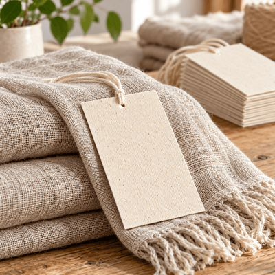 Etichete din carton cu față din pânză și șnur de bumbac - crem (set 100 buc) - CraftUp
