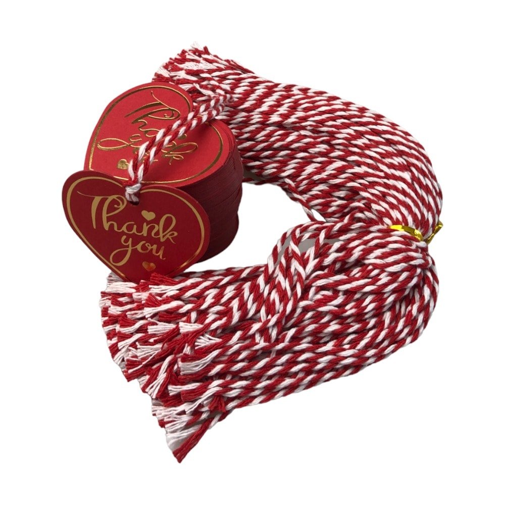 Etichete din hârtie în formă de inimă Thank you 5cm - roșu (set 100 buc) - CraftUp