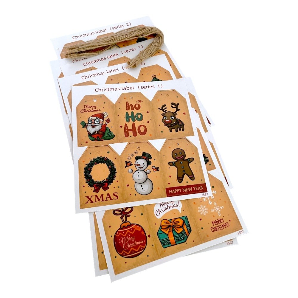 Etichete dreptunghiulare Crăciun cu sfoară iută - model 9 (set 48 buc) - CraftUp