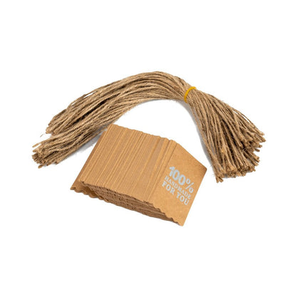 Etichete dreptunghiulare cu sfoară și mesaj 100% Handmade for you - kraft (set 100 buc) - CraftUp