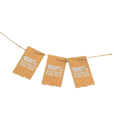 Etichete dreptunghiulare cu sfoară și mesaj 100% Handmade for you - kraft (set 100 buc) - CraftUp