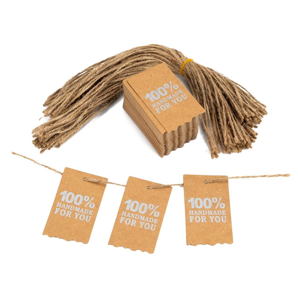 Etichete dreptunghiulare cu sfoară și mesaj 100% Handmade for you - kraft (set 100 buc) - CraftUp