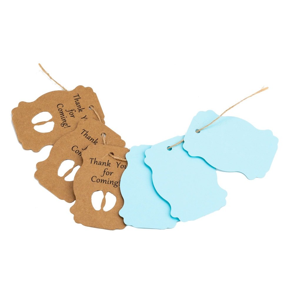 Etichete în 2 culori cu șnur model piciorușe de bebeluș - bleu (set 50 buc) - CraftUp