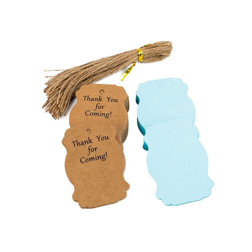 Etichete în 2 culori cu șnur model piciorușe de bebeluș - bleu (set 50 buc) - CraftUp