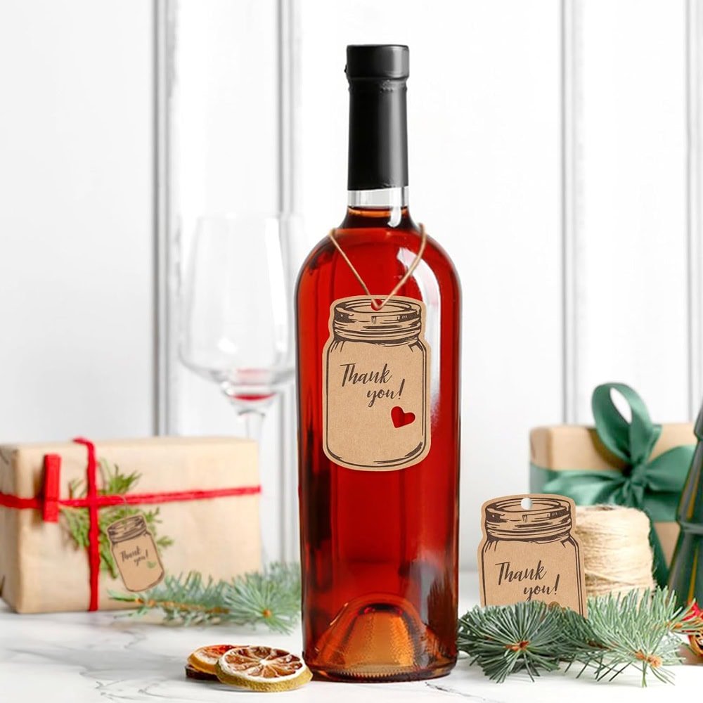 Etichete model borcan cu mesaj Thank you și sfoară iută - kraft (set 50 buc) - CraftUp