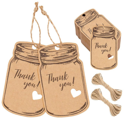 Etichete model borcan cu mesaj Thank you și sfoară iută - kraft (set 50 buc) - CraftUp