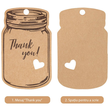 Etichete model borcan cu mesaj Thank you și sfoară iută - kraft (set 50 buc) - CraftUp