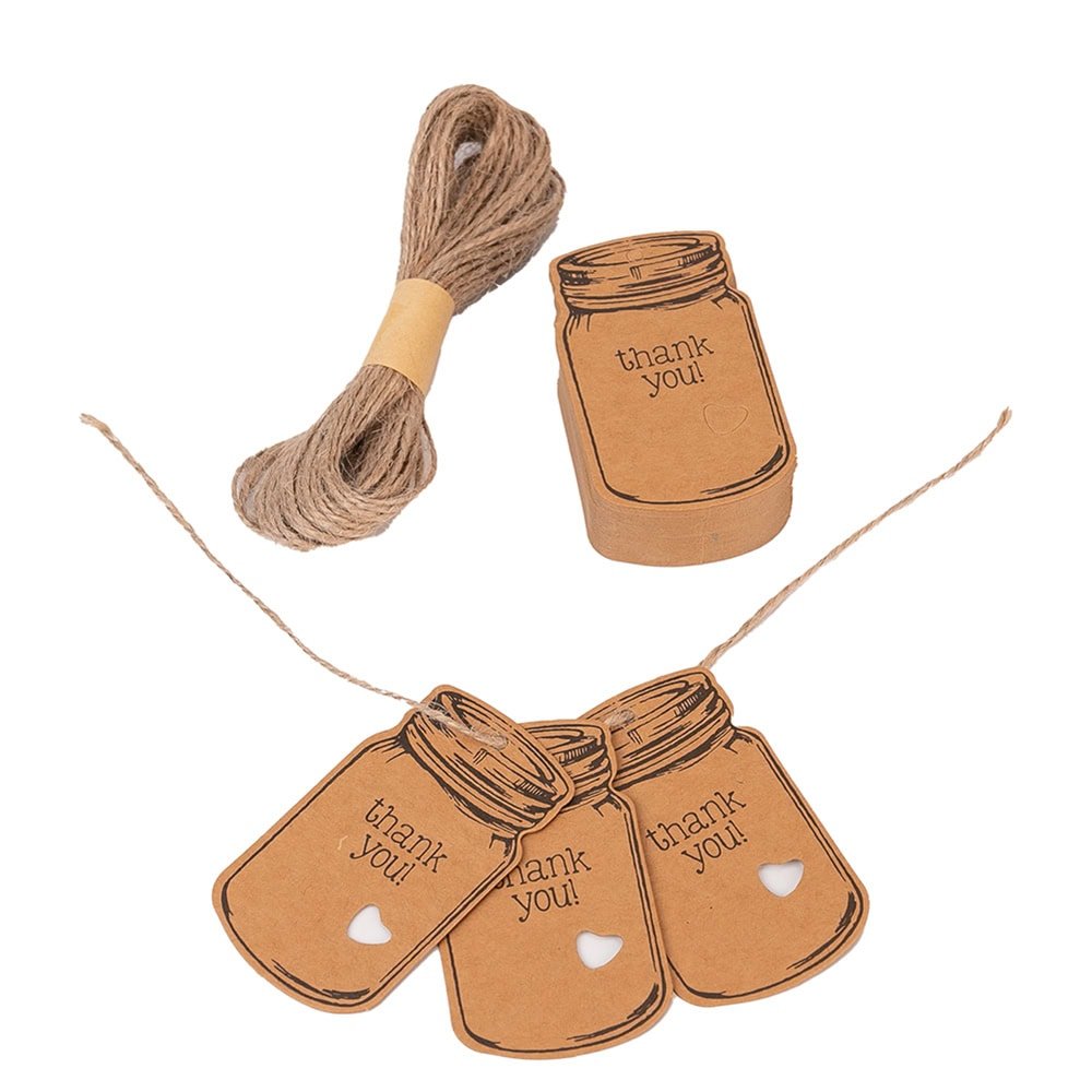 Etichete model borcan cu mesaj Thank you și sfoară iută - kraft (set 50 buc) - CraftUp