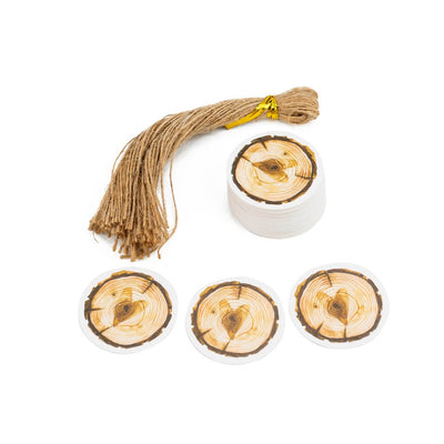 Etichete rotunde cu sfoară model inimă pe fundal de lemn - maro (set 50 buc) - CraftUp