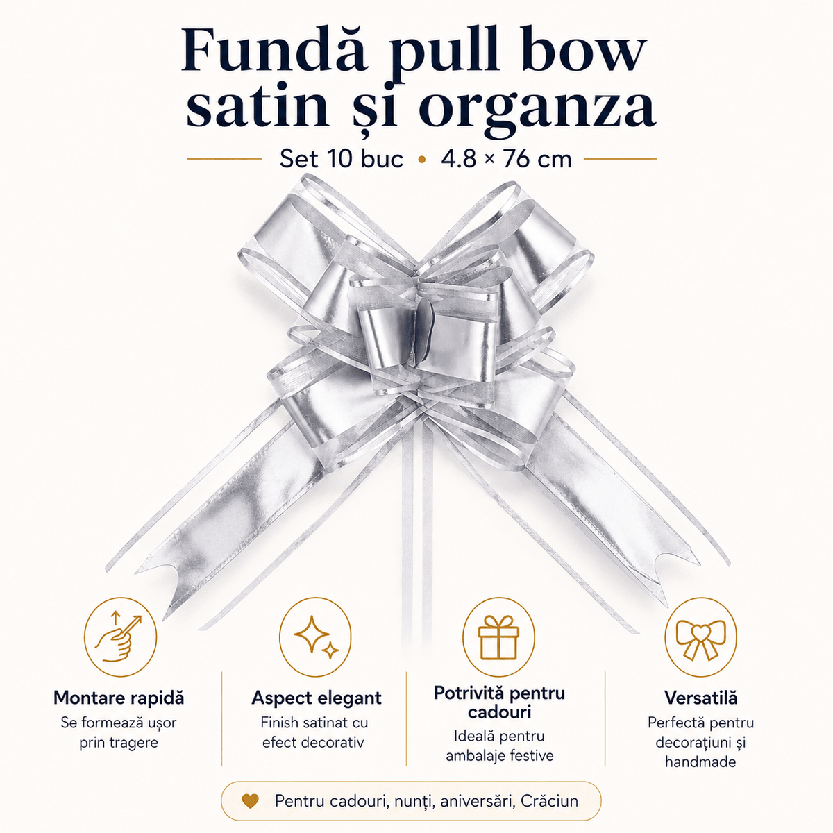 Funde pull bow din satin și organza - argintiu (set 10 buc) - CraftUp