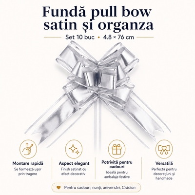 Funde pull bow din satin și organza - argintiu (set 10 buc) - CraftUp