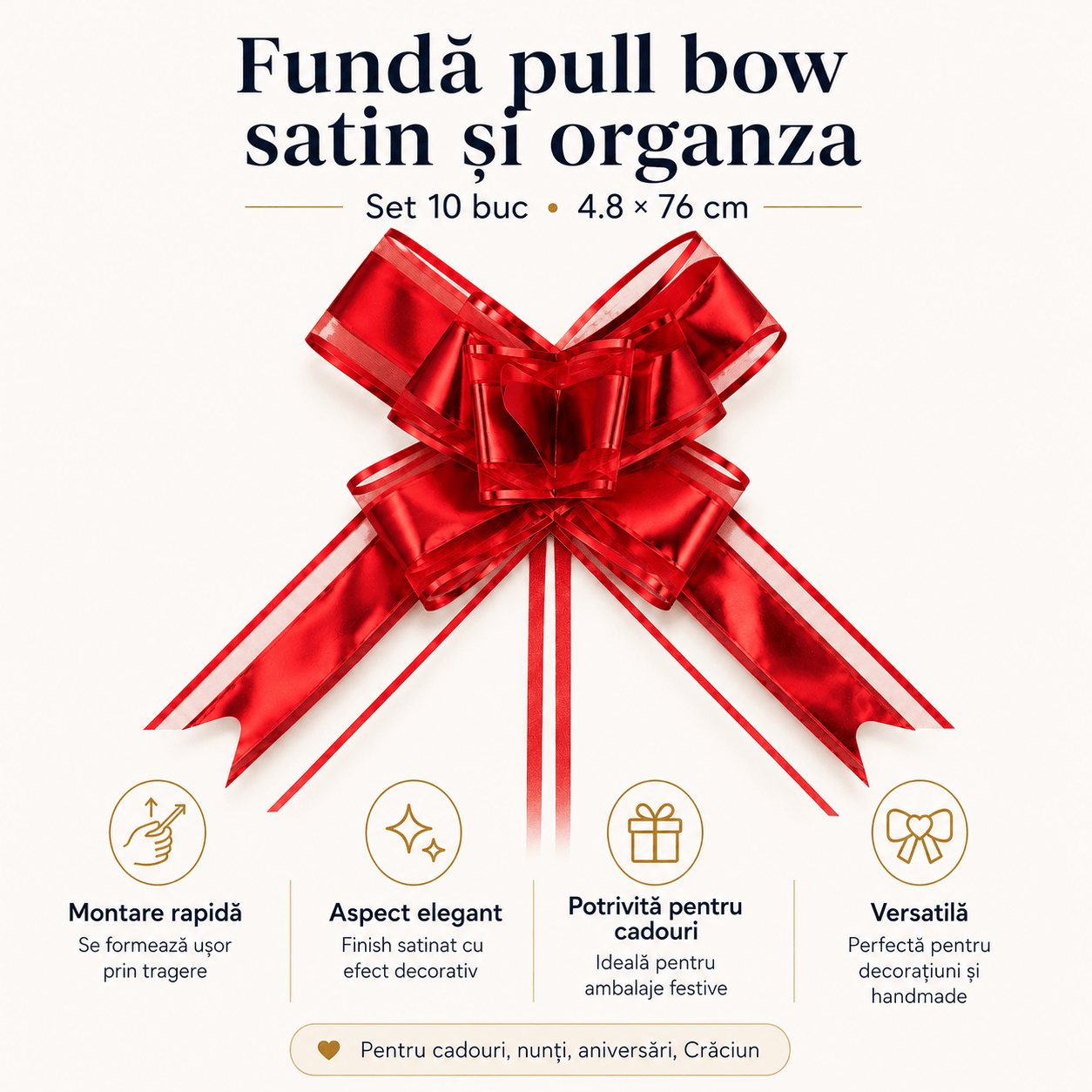 Funde pull bow din satin și organza - roșu (set 10 buc) - CraftUp