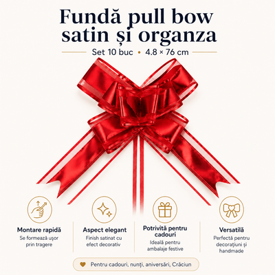 Funde pull bow din satin și organza - roșu (set 10 buc) - CraftUp