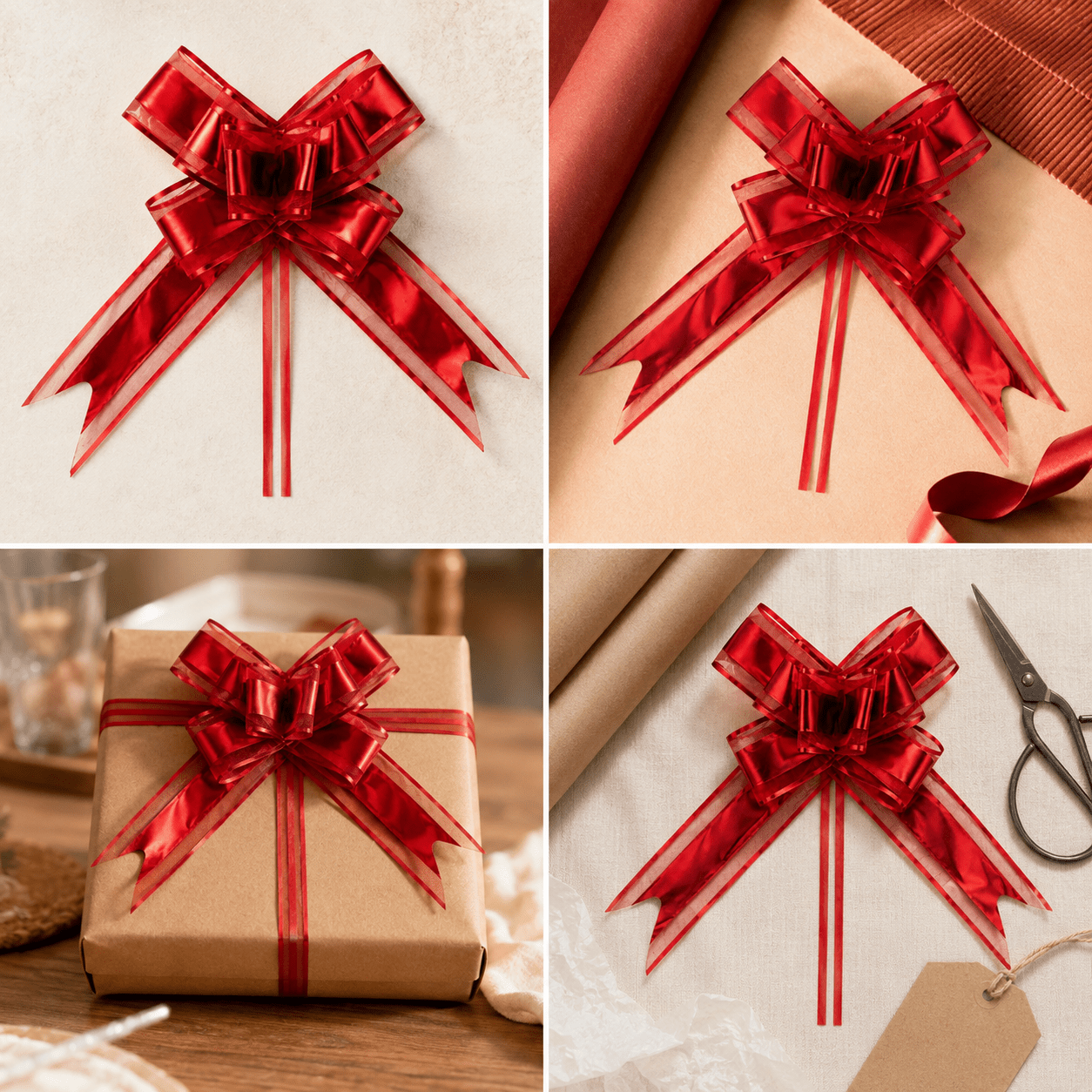Funde pull bow din satin și organza - roșu (set 10 buc) - CraftUp
