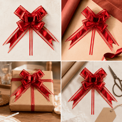 Funde pull bow din satin și organza - roșu (set 10 buc) - CraftUp