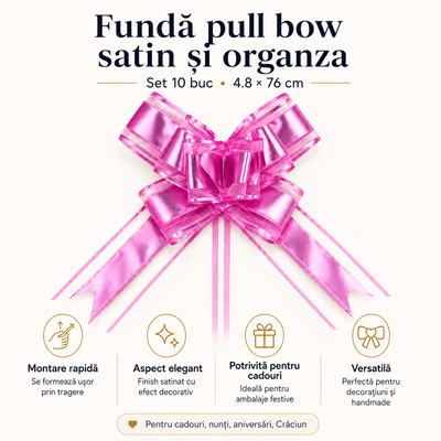 Funde pull bow din satin și organza - roz (set 10 buc) - CraftUp