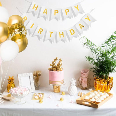 Ghirlandă hârtie cu litere pentru petrecere cu mesaj Happy Birthday - alb - CraftUp